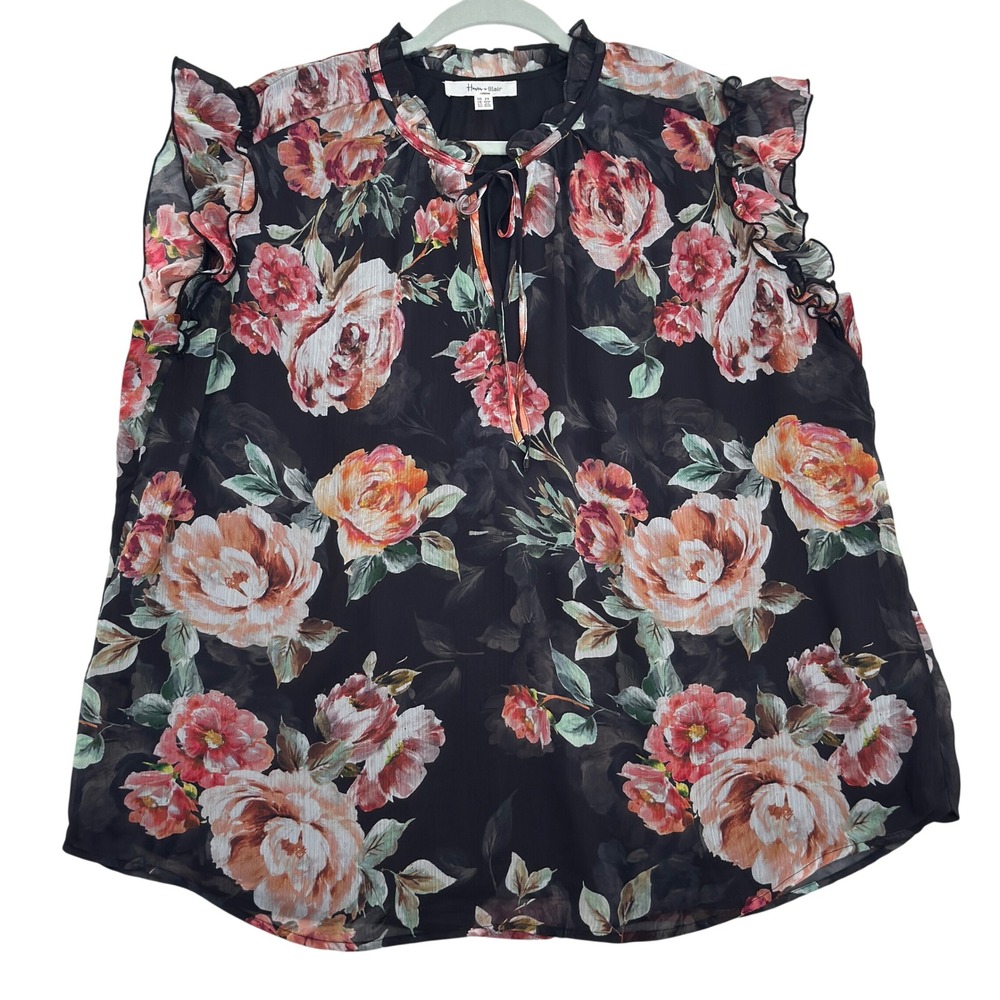 Haver + Blair Women's 2X Black Floral Ruffle Sleeveless Blouse Top Plus Romantic
